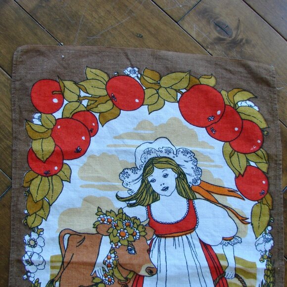 Vintage Linen Kitchen Tea Towel Milk Maid Cow Floral Fruit Orange Red Brown - Picture 2 of 8